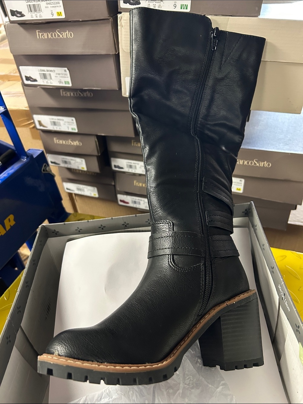 Sun + Stone Black Mid-Calf Heeled Riding Boots with Buckle Straps - Picture 3 of 4